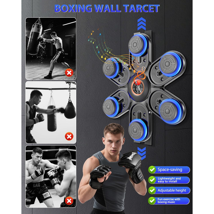 Музична боксерська машина з LED-підсвіткою та Bluetooth, 3 рівня регулювання розміру, 9 режимів швидкості та тренувань, лічильник ударів, для дорослих та дітей