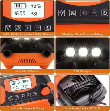 Електричний надувний насос AGPtEK 6000mAh для SUP, матраців, наметів та човнів. 16 PSI, 12V, акумуляторний компресор