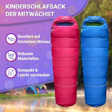 Дитячий спальний мішок Alpenwert® для літа – росте разом з дитиною! [130–170см] – Вага 920г, компактний [32×19см] – Ідеально для кемпінгу, фестивалів, відпочинку на природі – спальний мішок-кокон для дітей від 6 років, рожевий/світло-блакитний