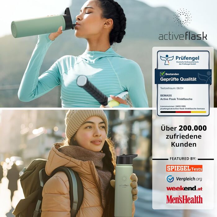 Фляга ACTIVE FLASK з нержавіючої сталі з трубочкою (3 кришки), BPA-free, не протікає, підходить для газованої води - спортивна пляшка, термопляшка, ізотермос, фляга для дітей, чай (680 мл, Sage)