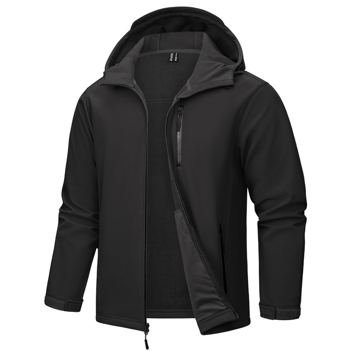 Чоловіча куртка Softshell TACVASEN: водонепроникна outdoor куртка з флісовою підкладкою, вітрозахисна та дихаюча куртка-вітровка з капюшоном для роботи, велосипеда та походів, L, чорна
