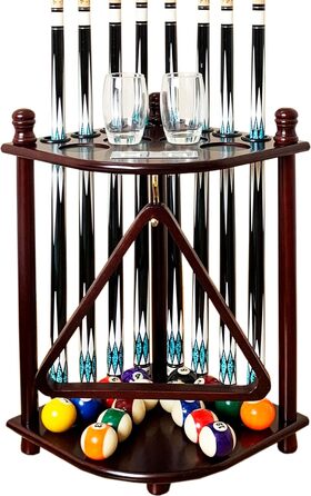 Підставка для київ для більярду на підлозі для 8 київ та аксесуарів, дерев'яна підставка для київ, кутова підставка з гачками та табло (махагон)