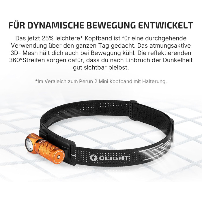 Ліхтар налобний Olight Perun 3 Mini LED, 920 люмен, перезаряджається, з червоним світлом, 8 режимів, IPX8, для активного відпочинку, риболовлі, чорний (оранжевий)