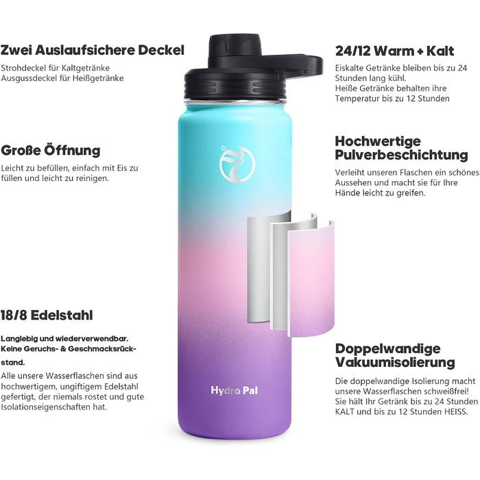 HydroPal Фляга з нержавіючої сталі - 750мл/1л/1.2л/1.9л, без BPA, для газованих напоїв, ізольована пляшка з трубочкою та 2 кришками (бутиль, 500 мл)