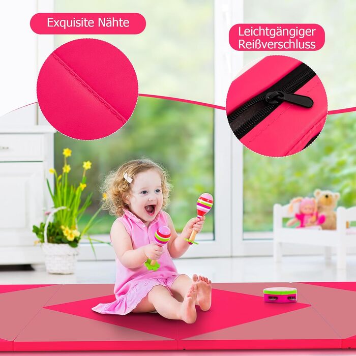 Складаний гімнастичний мат COSTWAY 240x120x5 см рожевий, м'який мат для йоги, фітнесу, акробатики, портативний мат для занять спортом