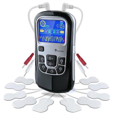 Пристрій TENS для терапії болю, EMS, 2 канали, 25 режимів, 50 рівнів інтенсивності, 10 електродів (чорний)