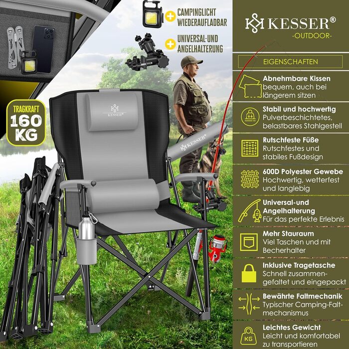 Крісло для кемпінгу KESSER® з високою спинкою, 160 кг, з підлокітниками, кишенею для напоїв та світлом, сіре/чорне