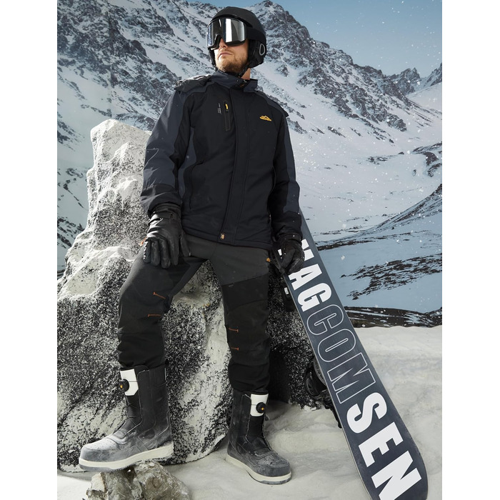 MAGCOMSEN Куртка зимова чоловіча тепла з підкладкою, водонепроникна, для катання на сноуборді та лижах, туристична, робоча знімною капюшоном (Чорно-сірий, XL)