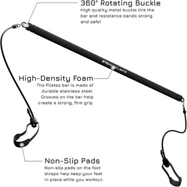 Пілатес Бар для фітнесу Breaking Limits - набір зі стійкою та 6 гумками для дому. Сталь, піна, чорний ремінь