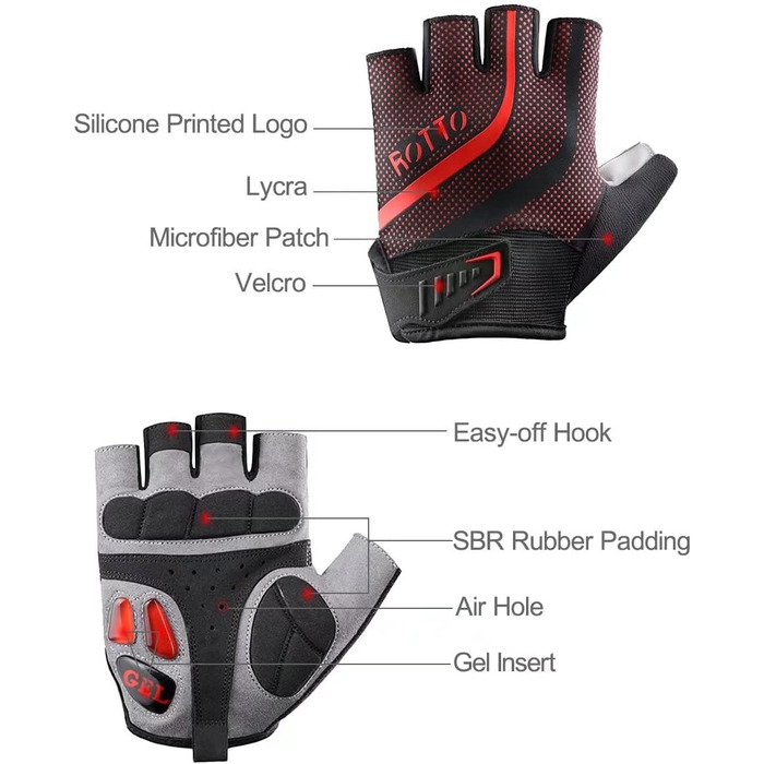 Велосипедні рукавички ROTTO напівпальцеві унісекс з гелевою амортизацією для MTB, шосе, фітнесу, даунхілу, чорно-червоні, розмір M
