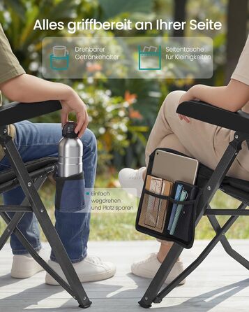Складний туристичний стілець SONGMICS для відпочинку та риболовлі, чорний, з регульованою спинкою 95°-150°, з підстаканником та кишенею