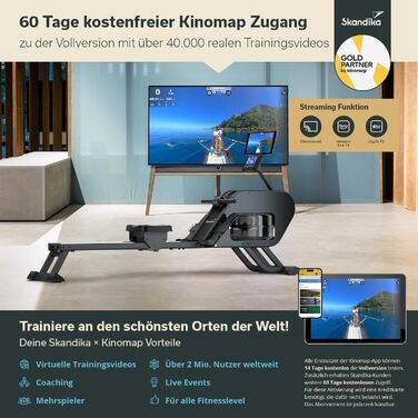 Гребний тренажер Skandika Nemo III Hybrid з водним та магнітним опором, 32 рівні електроні контролю опору, 15 програм, до 200 см, сумісний з додатком, для дому | Гребний тренажер, фітнес-обладнання для дому