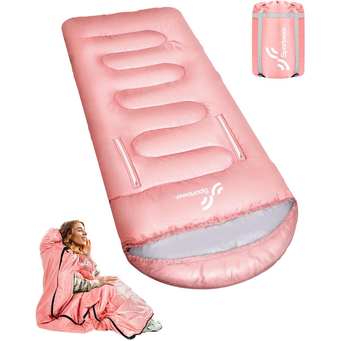 Сплячий мішок Sportneer Outdoor - ковдровий спальний мішок 3-4 сезони для дорослих, теплий, для кемпінгу, подорожей та активного відпочинку (200x85 см, Рожевий)