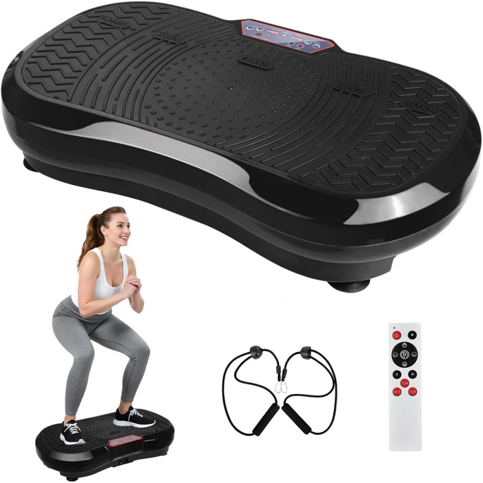 Вібраційна платформа TLGREEN з ультратихим мотором, 120 рівнів + 10 програм тренувань, з пультом дистанційного керування, тренувальні стрічки, для тренувань всього тіла, спалювання жиру, XL (68x38x14 см), чорна