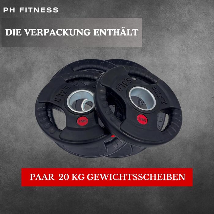 Олімпійські диски PH Fitness 20 кг, гума та чавун, тригранна ручка, 50 мм, набір для штанги та гантелей, преміум-якість, для домашнього спортзалу