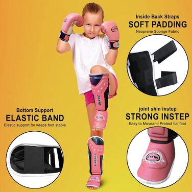 Дитячі щитки Farabi Sports для кікбоксингу та MMA, захист гомілки та стопи, рожеві, для тренувань і спарингів
