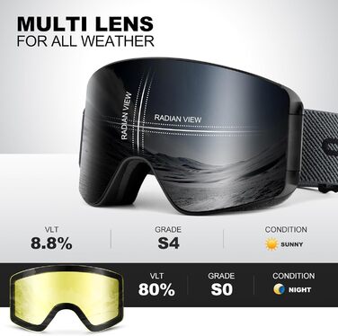 Одаленд Скі-маска для жінок та чоловіків, дітей. Захист від запоту, UV-фільтр, магнітні лінзи. Сумісна зі шоломом. Для сноуборду та катання на лижах. Чорний колір, VLT 8.8%
