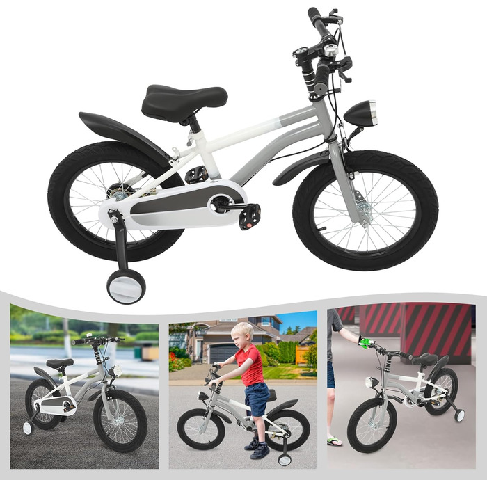 Дитяче велосипед 16 дюймів з додатковими колесами, LED-підсвічуванням, для дітей 5-8 років, регульоване сідло та кермо, вантажопідйомність 60 кг, міцний сталевий фрейм, безпечні гальма