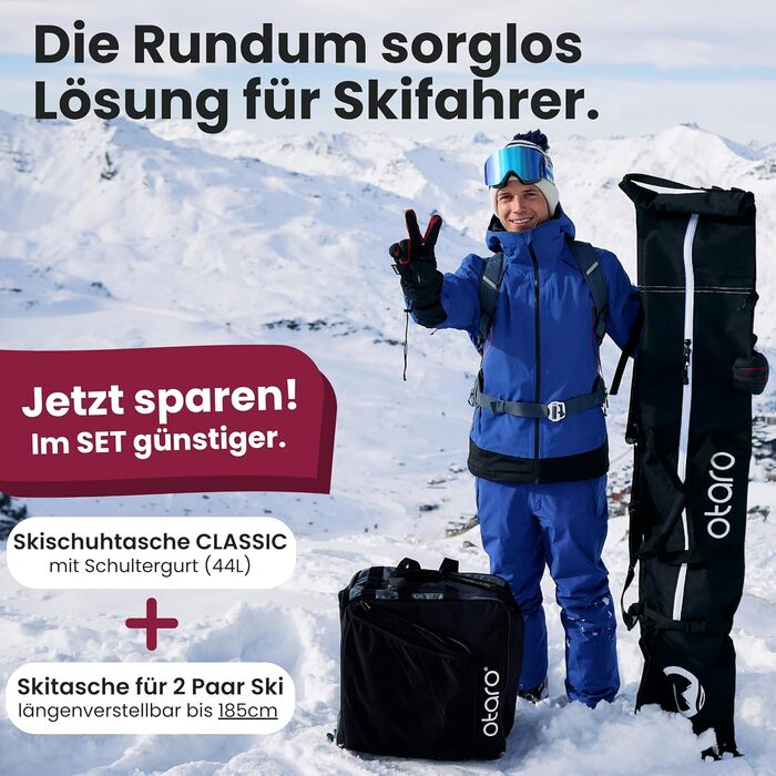 Набір мішок для лиж та лижних черевиків Otaro | Мішок для лиж на 1 або 2 пари | Регульований мішок для лиж, водовідштовхувальний, міцні блискавки, м'який ремінь, сірий. (2 пари лиж до 185 см) + мішок для лижних черевиків