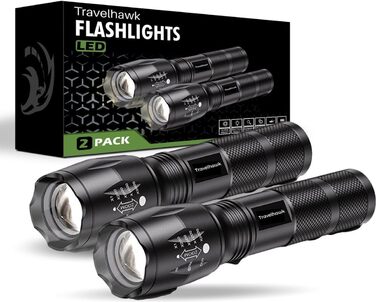 Ліхтарики LED TravelHawk 2 шт. - тактичні, 1000 люмен, водонепроникні, з регулюванням фокусу, для кемпінгу, туризму, надзвичайних ситуацій, на батарейках