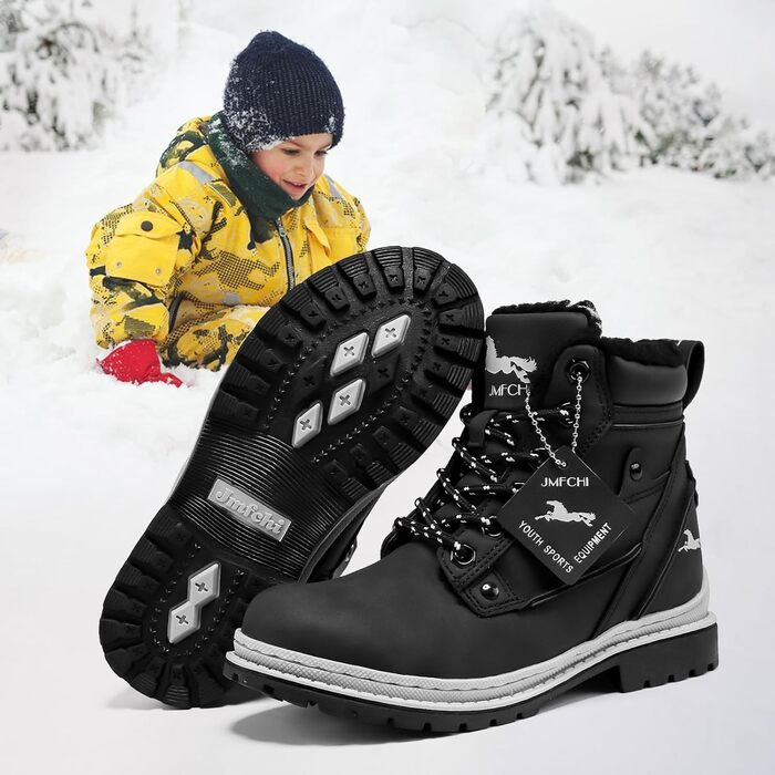 Дитячі зимові черевики JMFCHI для хлопчиків та дівчаток: трекінгові, на шнурівці, з теплим підкладком, чорні, розмір 39 EU