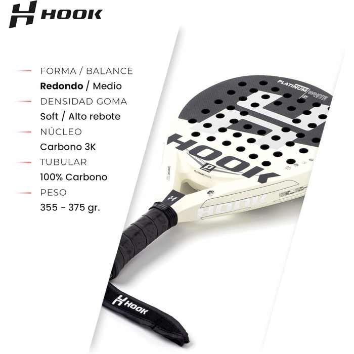 Падель ракетка Hook Platinum White Art для унісекс, 355/365 г, 100% карбон, контроль, EVA, середній баланс, Sand-Touch, кругла