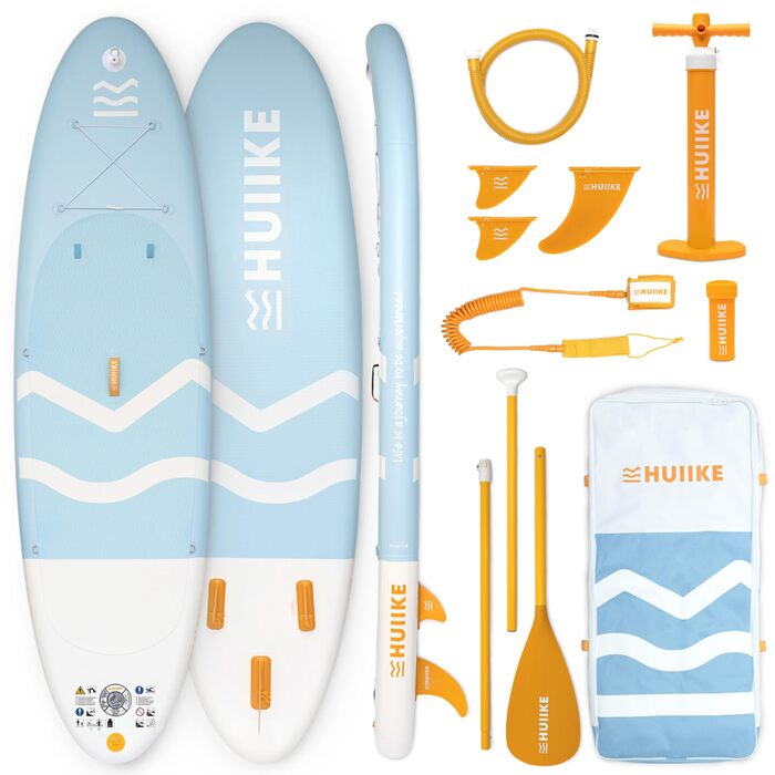 Надувний SUP-борд HUIIKE Stand Up Paddling Board з аксесуарами: весло, фіни, насос. Висока стабільність, міцність, 305x84x15 см, до 130 кг (Enjoyer Blue - Essential)