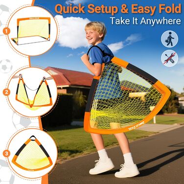 Ворота для футболу Dimples Excel Pop-Up – розкладні для дітей | 1 або 2 шт. у розмірах 120x90 / 152x110 / 213x152 см | 3 кольори на вибір | Опційно з м'ячем, насосом, фігурками та мішенню | Для саду та як подарунок (2-152x110 Оранжевий+Аксесуари)