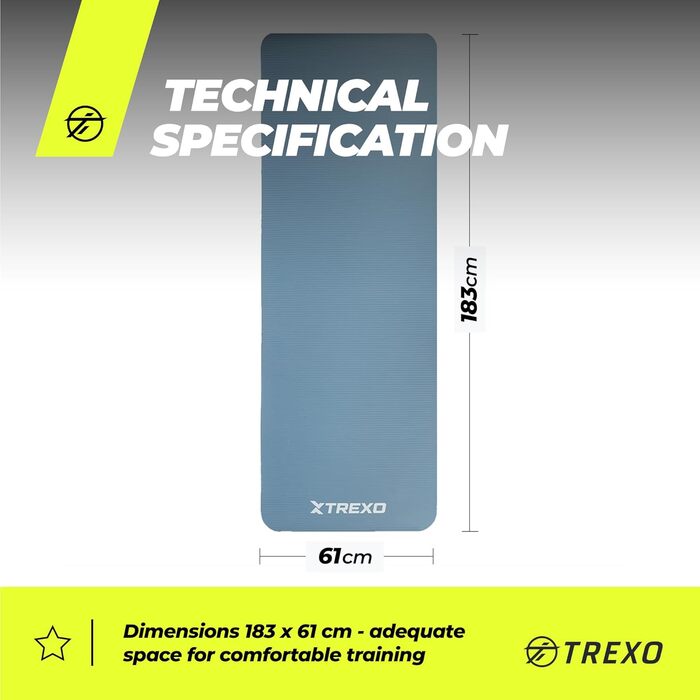 TREXO килимок для фітнесу NBR 183x61 см, 15 мм, синій, з ручками