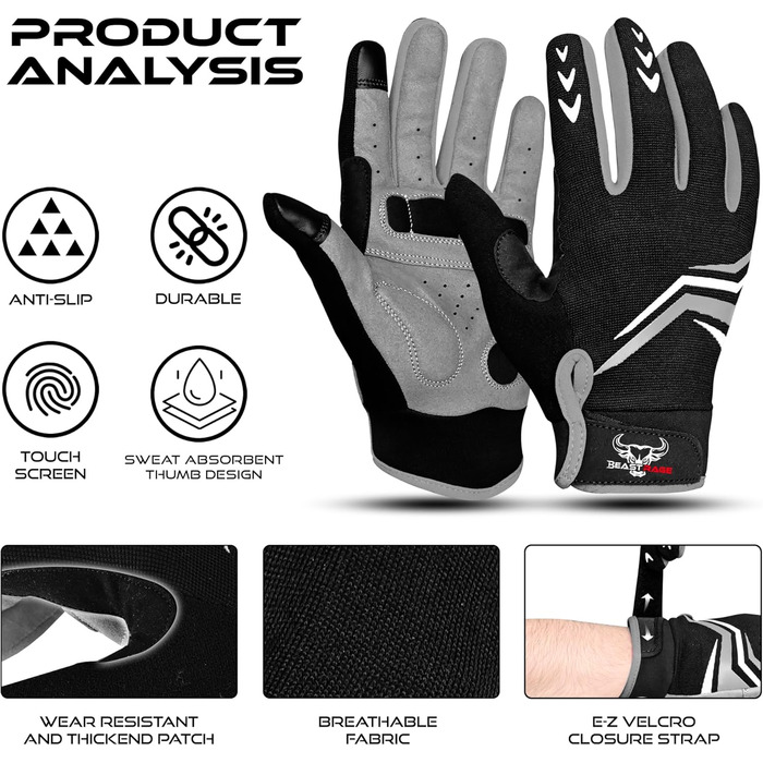 Велосипедні рукавички BEAST RAGE з посиленням, чорні, для MTB, BMX, шосе, чоловічі та жіночі, антиковзаючі, з амортизацією, для сенсорних екранів