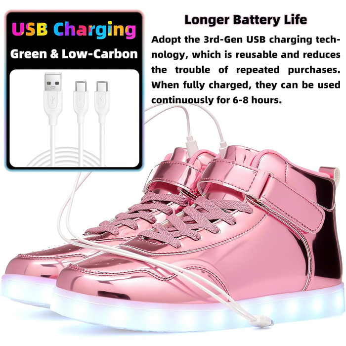 APTESOL Кросівки LED з підсвічуванням High-Top, USB-зарядка, рожеві для жінок та чоловіків (44 EU)