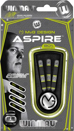 Дротики WINMAU Michael Van Gerwen MvG Aspire із вольфраму зі сталевим вістрям, призмовими крилами та нейлоновими держателями