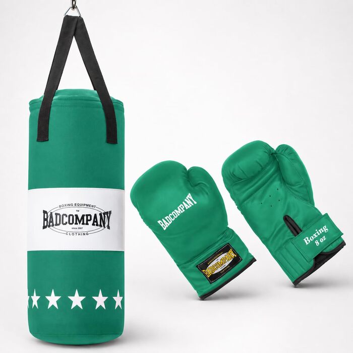 Дитячий боксерський набір Bad Company: боксерський мішок 55x25 см + рукавички 8oz (зелений) для дітей до 12 років