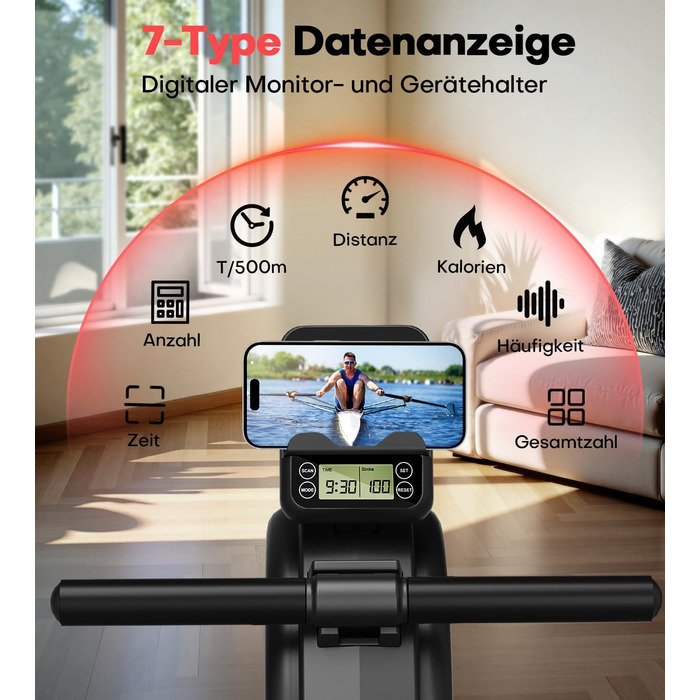 Гребний тренажер для дому з регулюванням опору 16/32 рівні, тихий магнітний, з LCD-дисплеєм, до 180 кг, чорний+червоний
