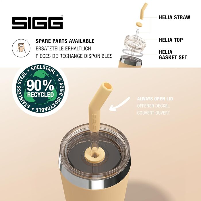 Термочашка SIGG Travel Mug Helia 0,45 л Muted Peach з багаторазовою скляною трубочкою та щіткою, герметична, BPA-free, нержавіюча сталь 18/8