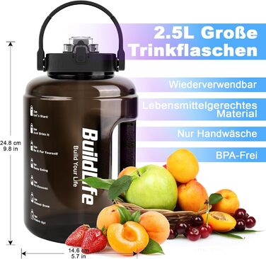 Спортивна пляшка BuildLife 2,5 л з міткою часу та двома кришками - без BPA - для залу (2500 мл, чорна) Чорна 2500 мл