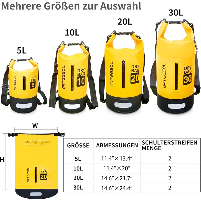 Водонепроникний мішок Blackace Arteesol 5L/10L/30L: Сумка для плавання, каякінгу та водних видів спорту (жовтий)