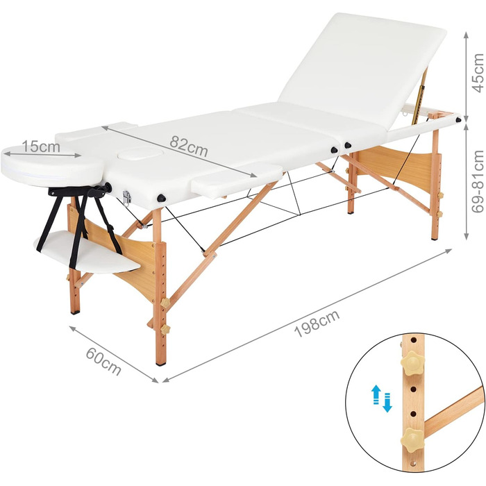 Мобільна массажна кушетка Mondeer, складана терапевтична кушетка, легкий масажний стіл, регульована висота, 3 зони (білий)