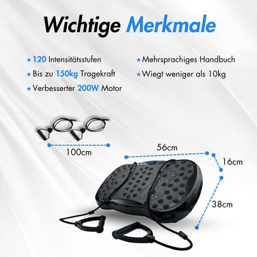 Вібраційна платформа Winch W.1.0 PRO | Електрична віброплатформа для дому | До 150 кг, 120 рівнів, з пультом ДУ, стрічки опору, чорний