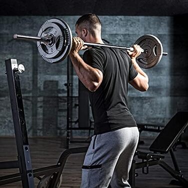 Штанга GORILLA SPORTS 170 см, 30 мм, до 200 кг, хромована, з рифленим нековзким хватом і зірковими замками, сріблясто-чорна