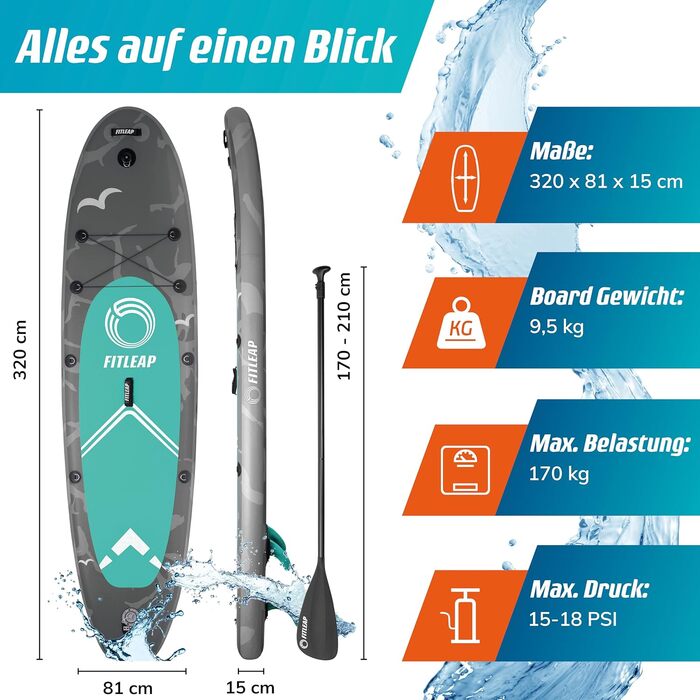 Надувний SUP-борд Fitleap Premium Stand Up Paddle Board - комплект з насосом, веслом та рюкзаком. Ідеально для початківців та професіоналів, для йоги, серфінгу та водного спорту (сірий, 2 особи)