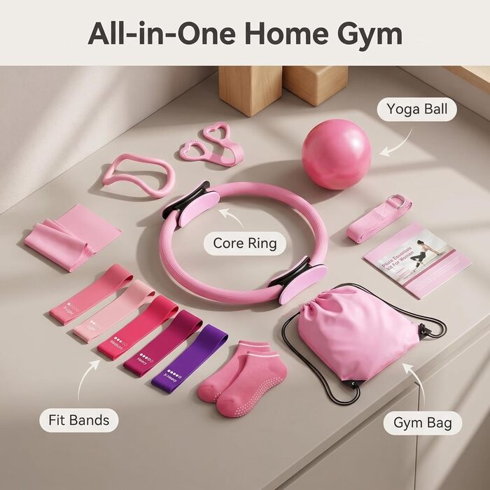 Набір для пілатесу та йоги для жінок-початківців Home Pilates & Yoga Starter Kit (рожевий) | М'яч для гімнастики 22,9 см, еспандери, кільце для пілатесу, ремені на щиколотки | Комплект для тренувань корпусу та розтяжки