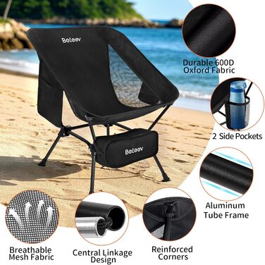 Зручний складаний стул для кемпінгу BeLeEv з 2 кишенями, легкий та компактний, для відпочинку на природі, риболовлі, фестивалів, трекінгу та пляжу