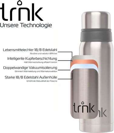 Термос trnk Outdoor Polar 2 з нержавіючої сталі 750 мл, BPA-free, 24 години збереження тепла, 2 чашки-кришки, для подорожей, сріблястий