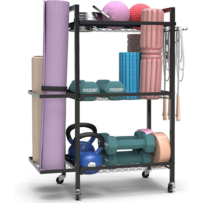 Стійка для йогаматів та спортивних матів, 3 яруси, металева, порошкове покриття, 35.1 x 14.9 x 44.2 см, портативна, економія місця, 3 шт.