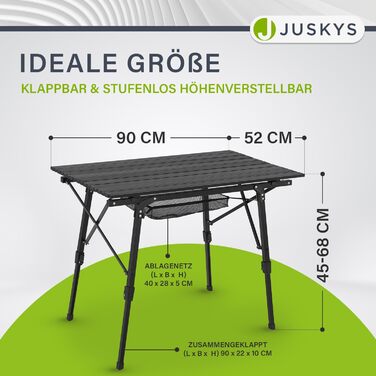 Стол для кемпінгу Juskys Picco - алюмінієвий, 90 x 52 см, легкий, складний, регульований по висоті - для кемпінгу, саду, відпочинку на природі. Чорний.