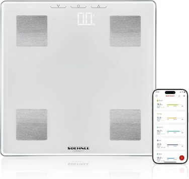 Розумні ваги Soehnle Shape Sense Connect Lite, аналіз складу тіла, з'єднання з додатком, вимірювання жиру, води, м'язової маси, LED-дисплей, білі