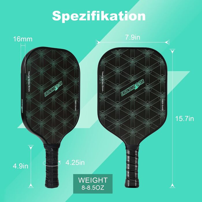 Набір для піклболу Ergonomicstar: фібергласові ракетки, 4 м'ячі, сумка, захист, легкі ракетки для початківців, для гри в приміщенні та на вулиці, чорний