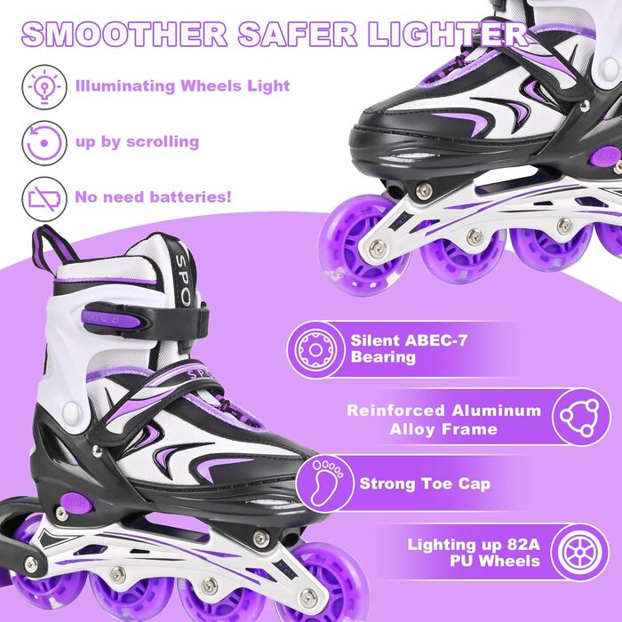 Регульовані дитячі ролики для дівчаток та хлопчиків, чорно-фіолетові. Підходять для гри в приміщенні та на вулиці.