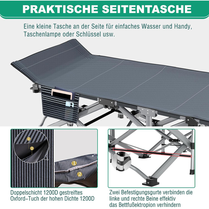 Велике розкладне ліжко з матрацом – 198x81x46 см, 400 кг, сталевий каркас, Oxford-тканина, для дорослих, сад, подорожі (Сірий)